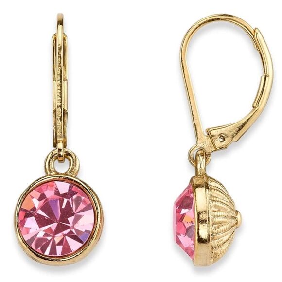 1928 Best of Times Yellow Gold with Pink Sapphire Crystal Bezel Drop Earrings - Picture 1 of 6
